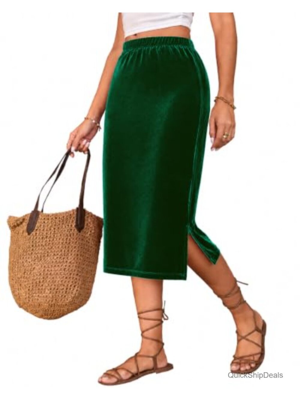 Velvet Midi Skirt High Waist Straight Side Slit Pull-On Women's